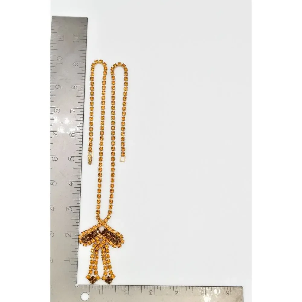Vintage Crystal Bow Necklace Chocolate Orange Gold Prong Rhinestone 1960s BinBJ
